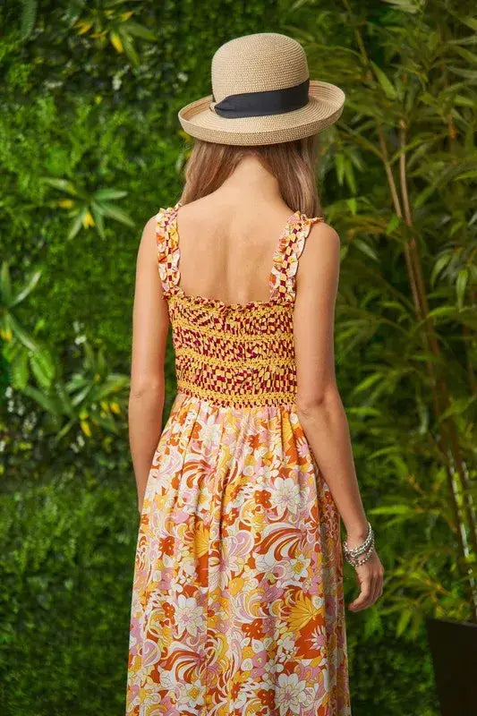 Davi & Dani Multi Smocked Bodice Geo Ruffle Strappy Midi Dress - Trendsi - Flyclothing LLC