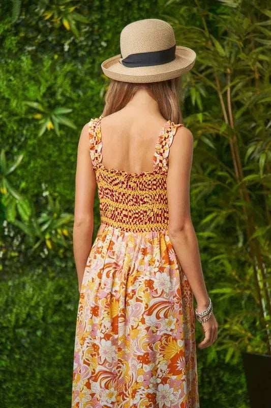 Davi & Dani Multi Smocked Bodice Geo Ruffle Strappy Midi Dress - Trendsi - Flyclothing LLC
