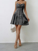 Ruched Zip Up Spaghetti Strap Denim Dress - Trendsi - Flyclothing LLC