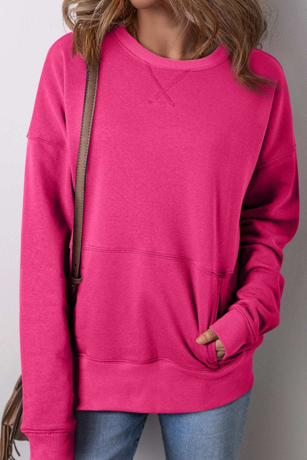 Solid Color Round Neck Long Sleeve Sweatshirt - Trendsi - Flyclothing LLC