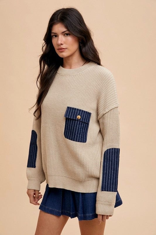 Annie Wear Contrast Round Neck Drop Shoulder Sweater with Patch Pocket - Trendsi