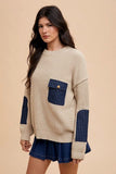 Annie Wear Contrast Round Neck Drop Shoulder Sweater with Patch Pocket - Trendsi