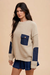 Annie Wear Contrast Round Neck Drop Shoulder Sweater with Patch Pocket - Trendsi