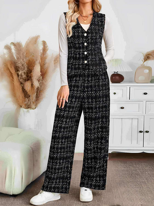 Plaid V-Neck Button Up Vest and Pants Set - Trendsi - Flyclothing LLC