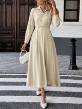 Pleated Button Detail Long Sleeve Shirt Dress - Trendsi - Flyclothing LLC