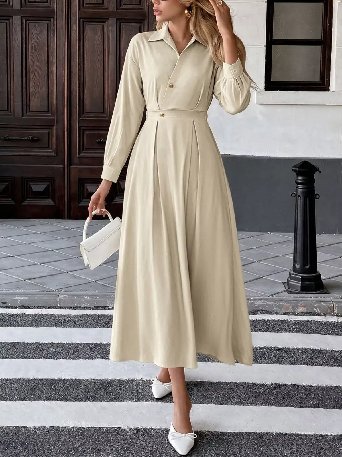 Pleated Button Detail Long Sleeve Shirt Dress - Trendsi - Flyclothing LLC