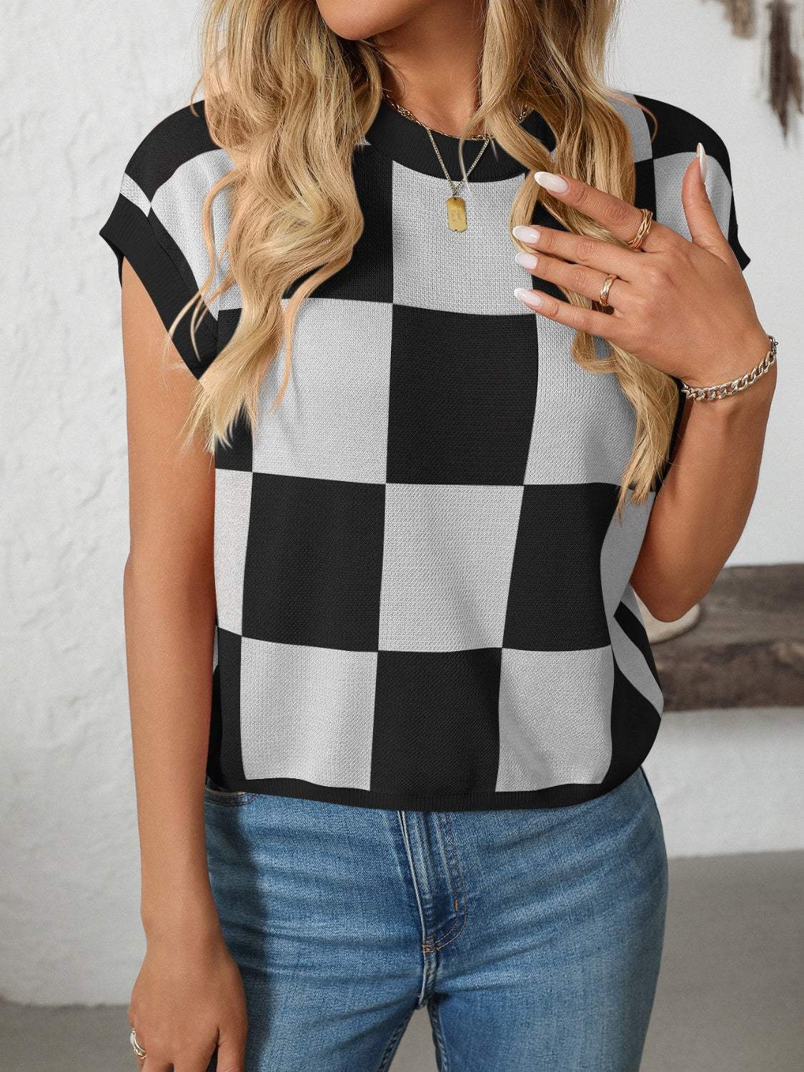 Mandy Checkered Round Neck Cap Sleeve Knit Top - Trendsi - Flyclothing LLC