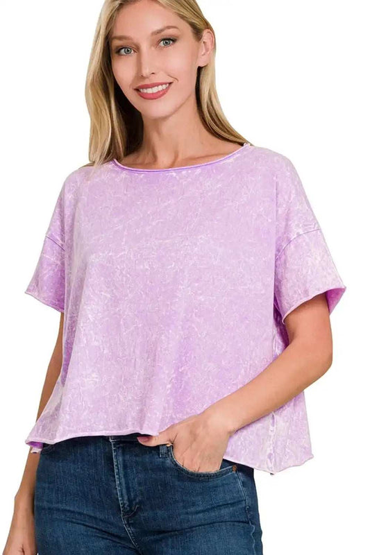 Zenana Washed Crew Neck Short Sleeve Crop Box Tee - Trendsi - Flyclothing LLC