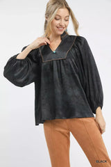 Umgee Crinkle Brocade Long Sleeve Blouse - Trendsi - Flyclothing LLC