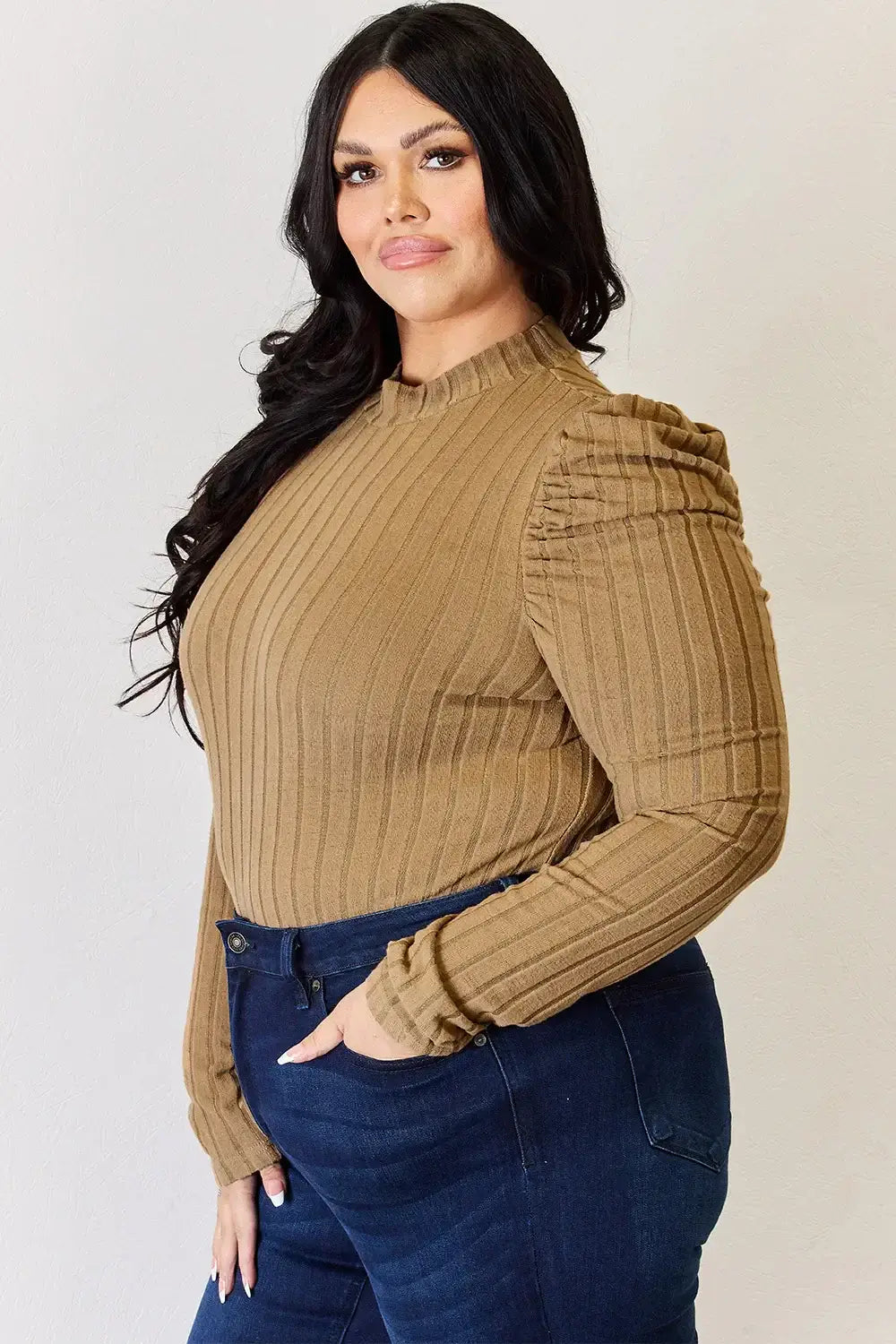 Basic Bae Full Size Ribbed Mock Neck Puff Sleeve T-Shirt - ShopBasicbae - Flyclothing LLC