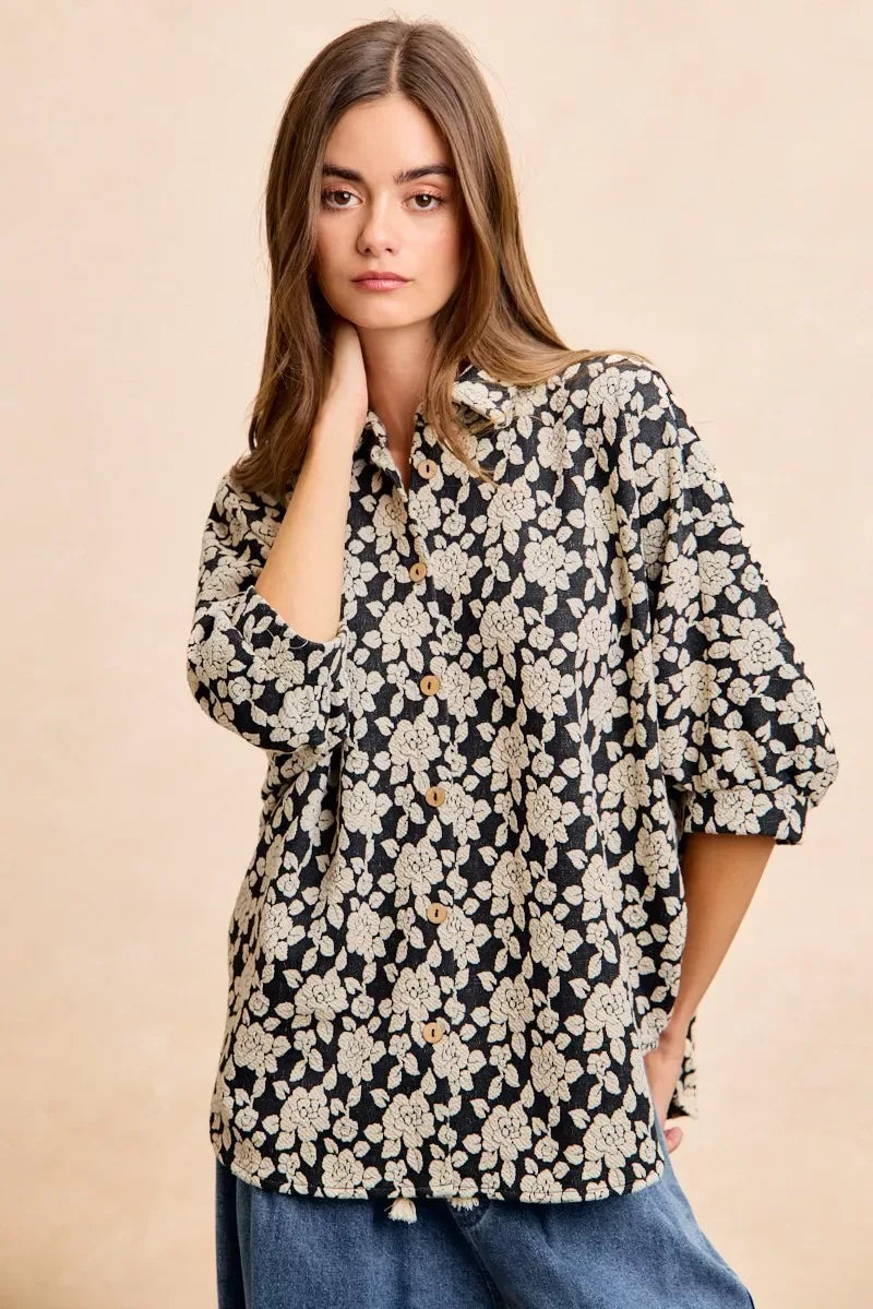 BiBi Floral Jacquard Short Dolman Sleeves Shirt - Trendsi - Flyclothing LLC