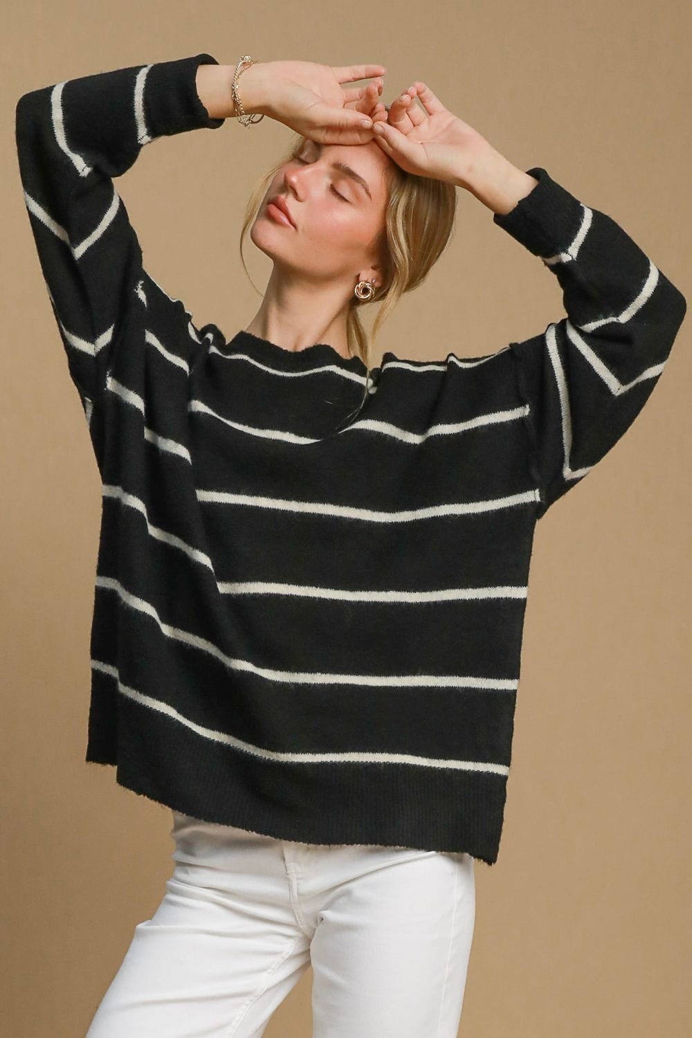 Umgee Wool Blend Striped Round Neck Sweater - Trendsi