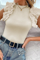 Ruffle Flutter Sleeve Mock Neck Ribbed Top - Trendsi - Flyclothing LLC