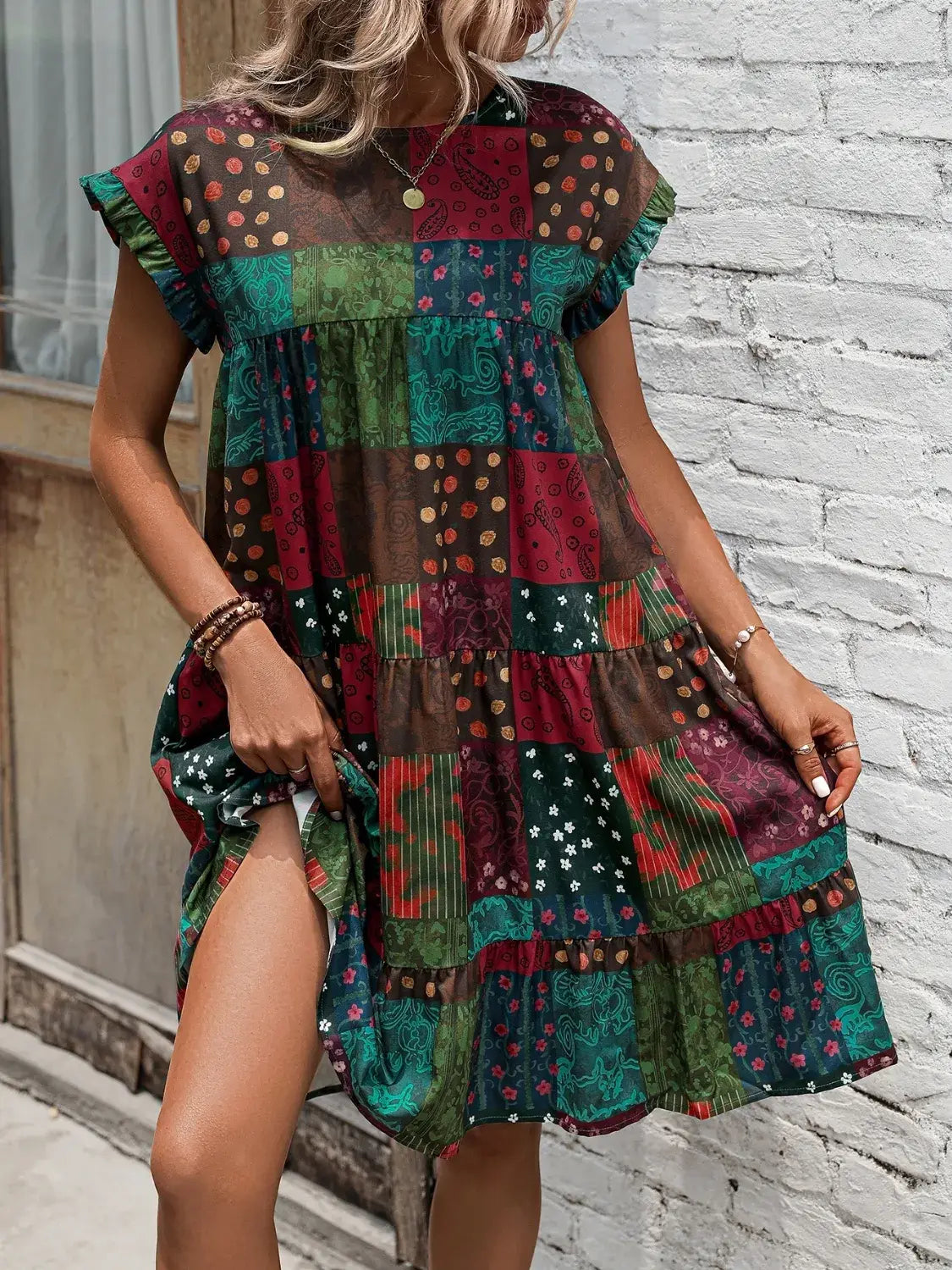 Color Block Print Short Sleeve Mini Dress - Trendsi - Flyclothing LLC