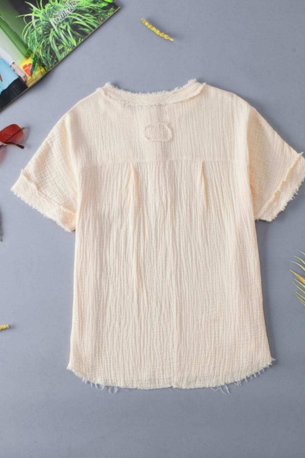 Textured Frayed Trim Half Button Short Sleeve Top - Trendsi - Flyclothing LLC