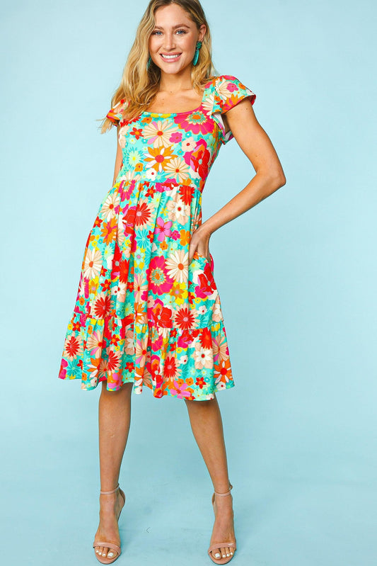 Haptics Floral Square Neck Short Sleeve Dress - Trendsi