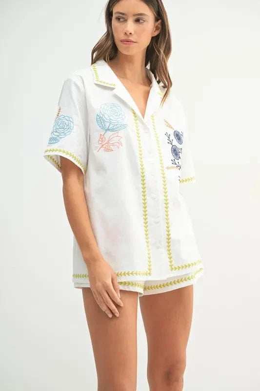 MABLE Embroidered Button Down Shirt and Shorts Set - Trendsi - Flyclothing LLC