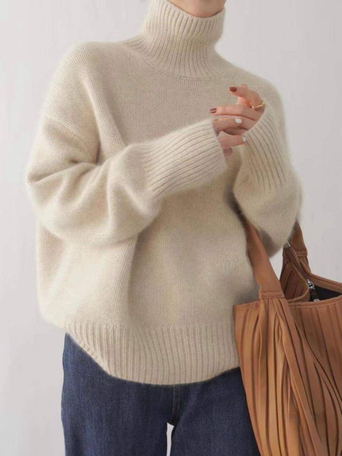 Turtleneck Dropped Shoulder Long Sleeve Sweater - Trendsi - Flyclothing LLC
