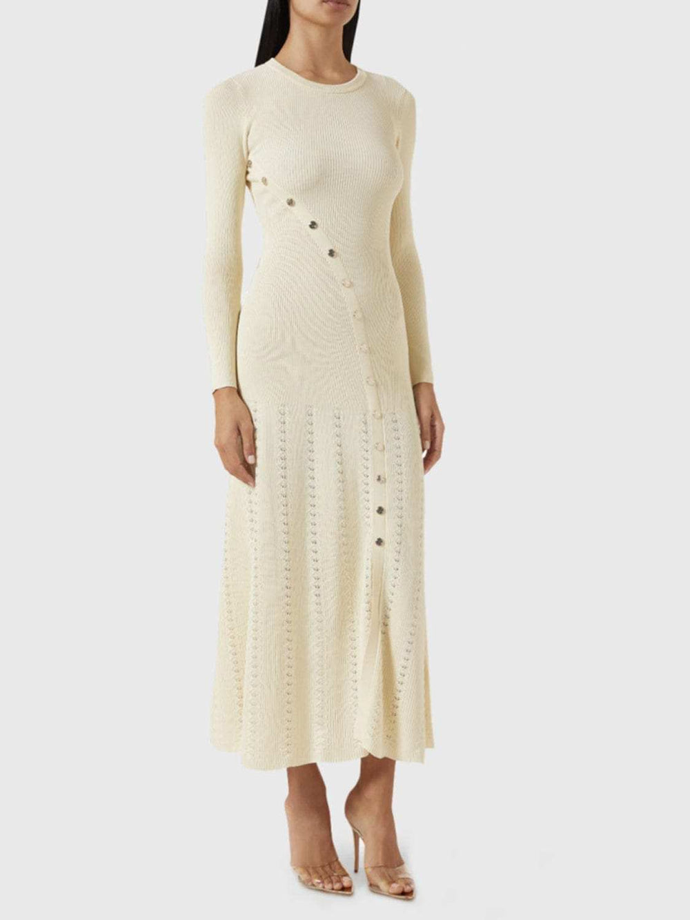 Openwork Round Neck Long Sleeve Sweater Dress - Trendsi - Flyclothing LLC