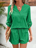 Notched Long Sleeve Top and Shorts Set - Trendsi - Flyclothing LLC
