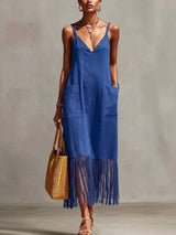 Full Size Fringe V-Neck Spaghetti Strap Dress Plus Size - Trendsi - Flyclothing LLC