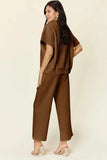 Double Take Full Size Texture Half Zip Short Sleeve Top and Pants Set - Trendsi - Flyclothing LLC