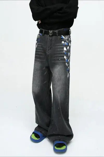 Watercolor Wide Leg Jeans with Pockets - Trendsi - Flyclothing LLC
