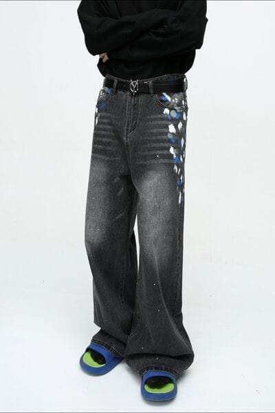 Watercolor Wide Leg Jeans with Pockets - Trendsi - Flyclothing LLC