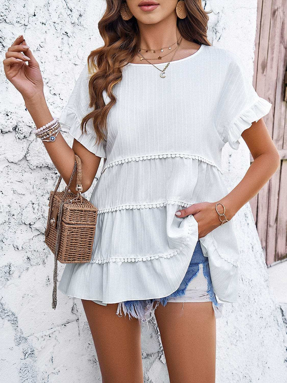 Round Neck Flounce Sleeve Blouse - Trendsi - Flyclothing LLC