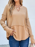 Waffle-Knit Notched Long Sleeve T-Shirt - Trendsi