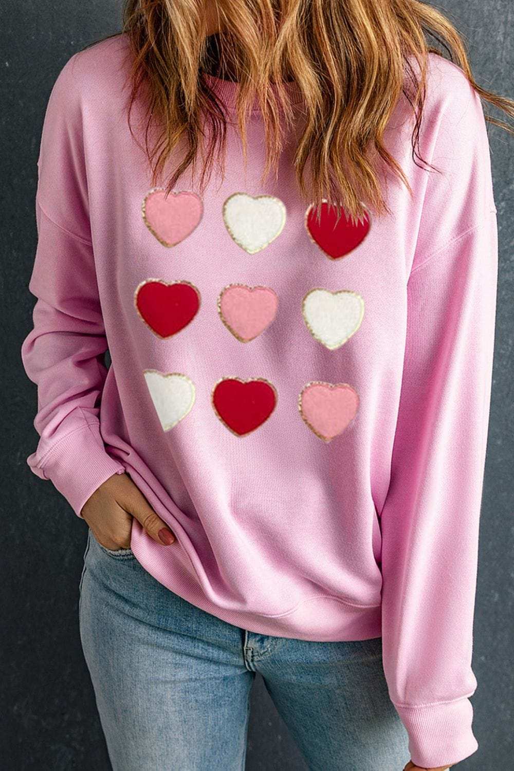 Contrast Heart Long Sleeve Sweatshirt - Trendsi - Flyclothing LLC