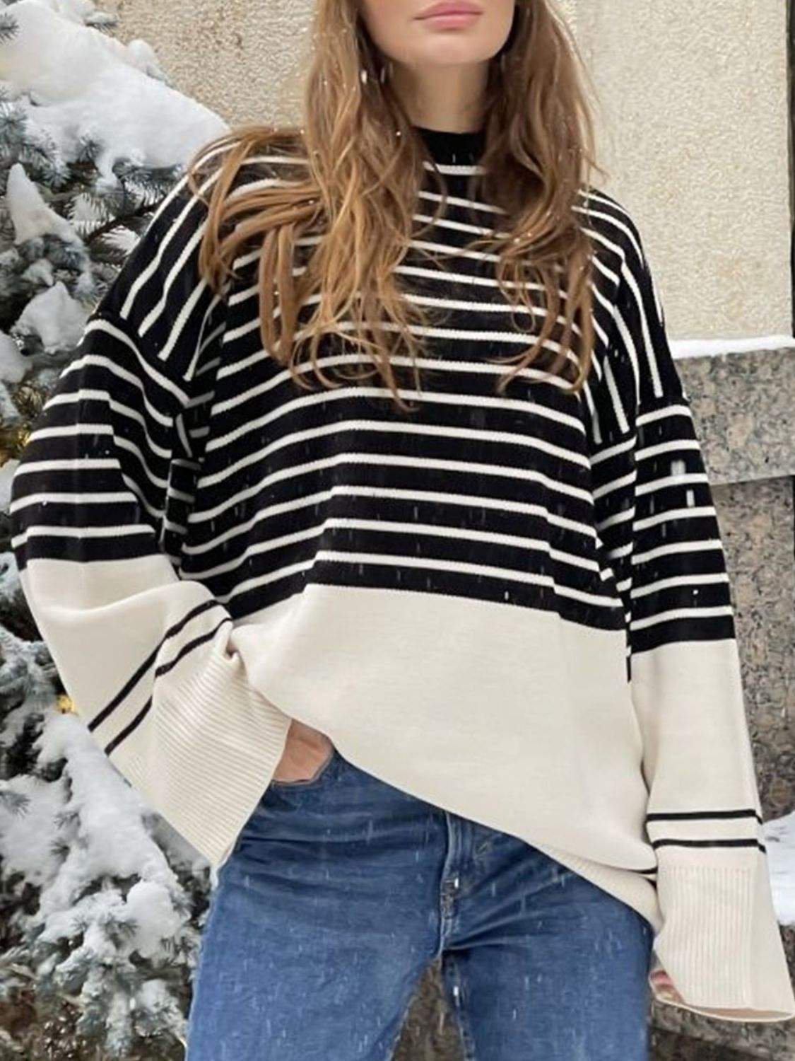 Striped Mock Neck Long Sleeve Sweater - Trendsi - Flyclothing LLC