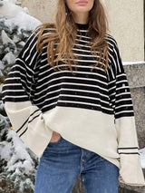 Striped Mock Neck Long Sleeve Sweater - Trendsi - Flyclothing LLC