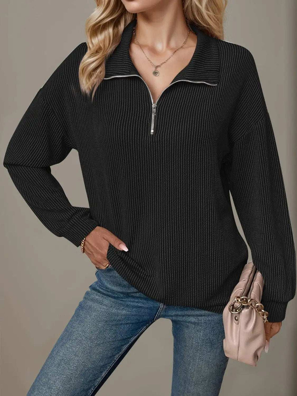 Double Take Striped Half Zip Long Sleeve T-Shirt - Trendsi - Flyclothing LLC