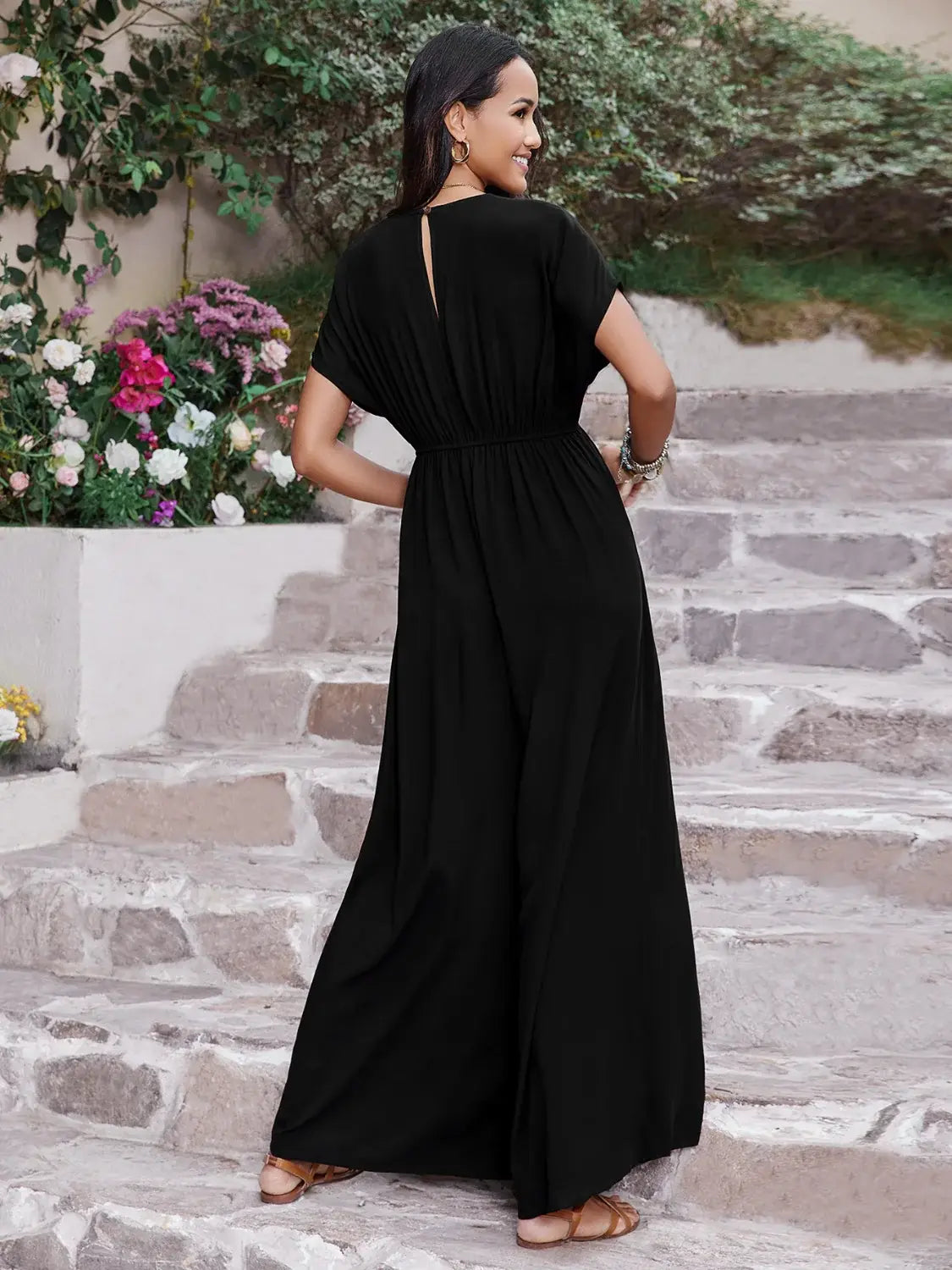 Embroidered Ruched Short Sleeve Jumpsuit - Trendsi - Flyclothing LLC