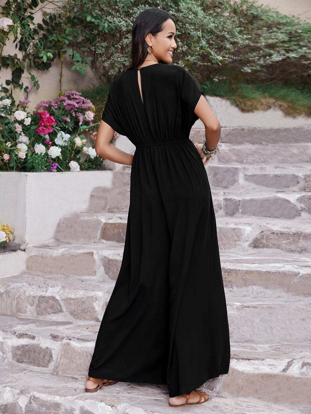 Embroidered Ruched Short Sleeve Jumpsuit - Trendsi - Flyclothing LLC