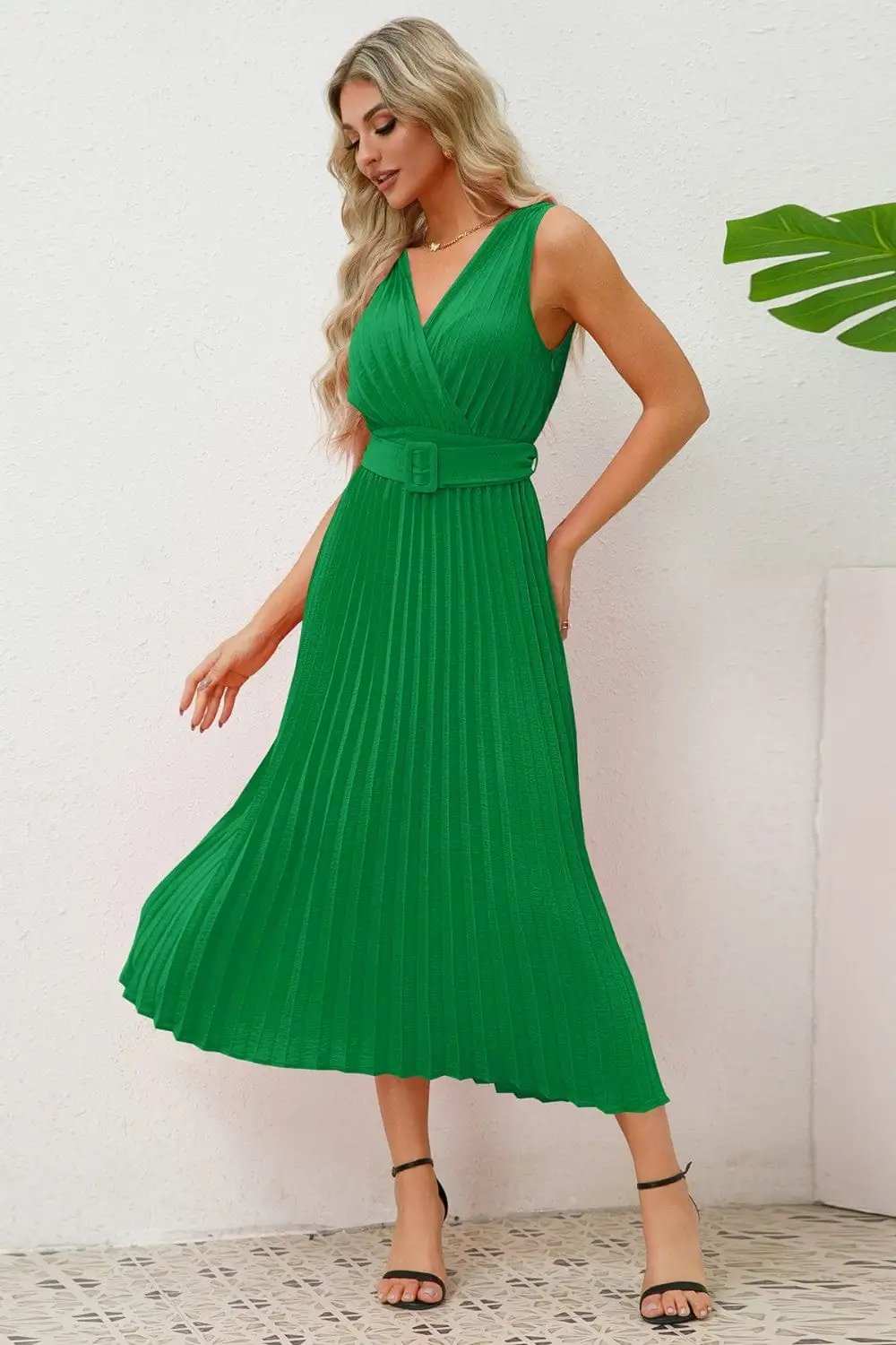 Surplice Sleeveless Midi Pleated Dress - Trendsi - Flyclothing LLC