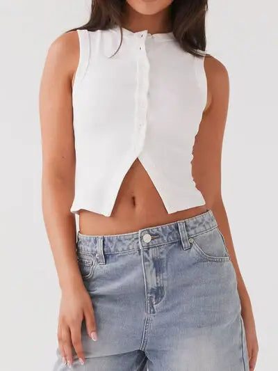 Lovelet Button Up Round Neck Tank - Trendsi - Flyclothing LLC