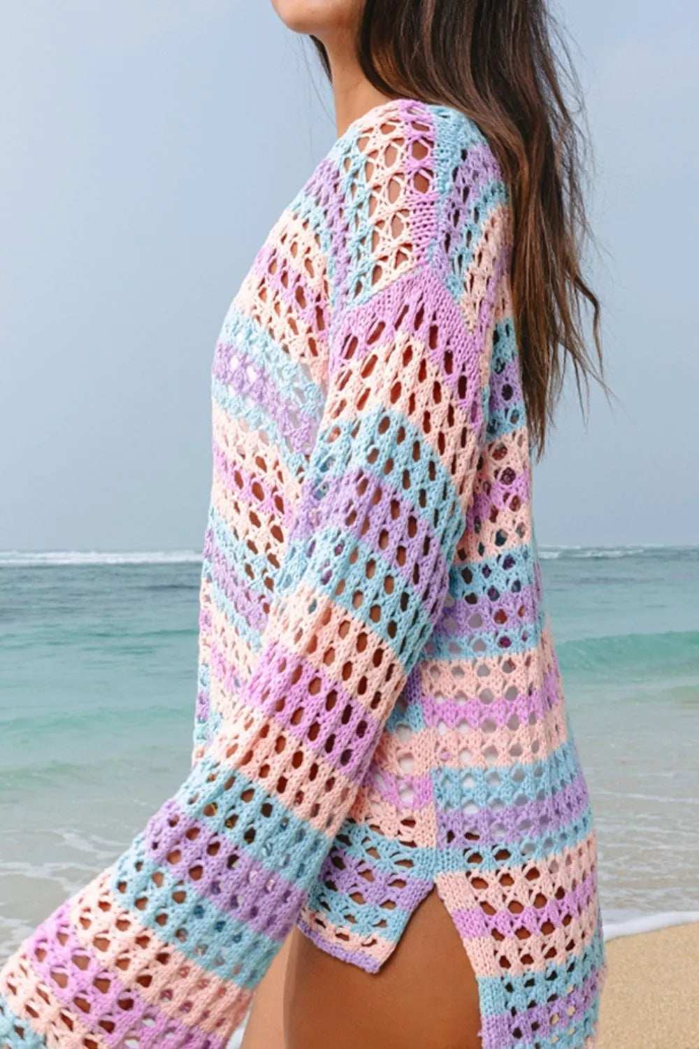 Openwork Side Slit Round Neck Striped Cover Up - Trendsi - Flyclothing LLC