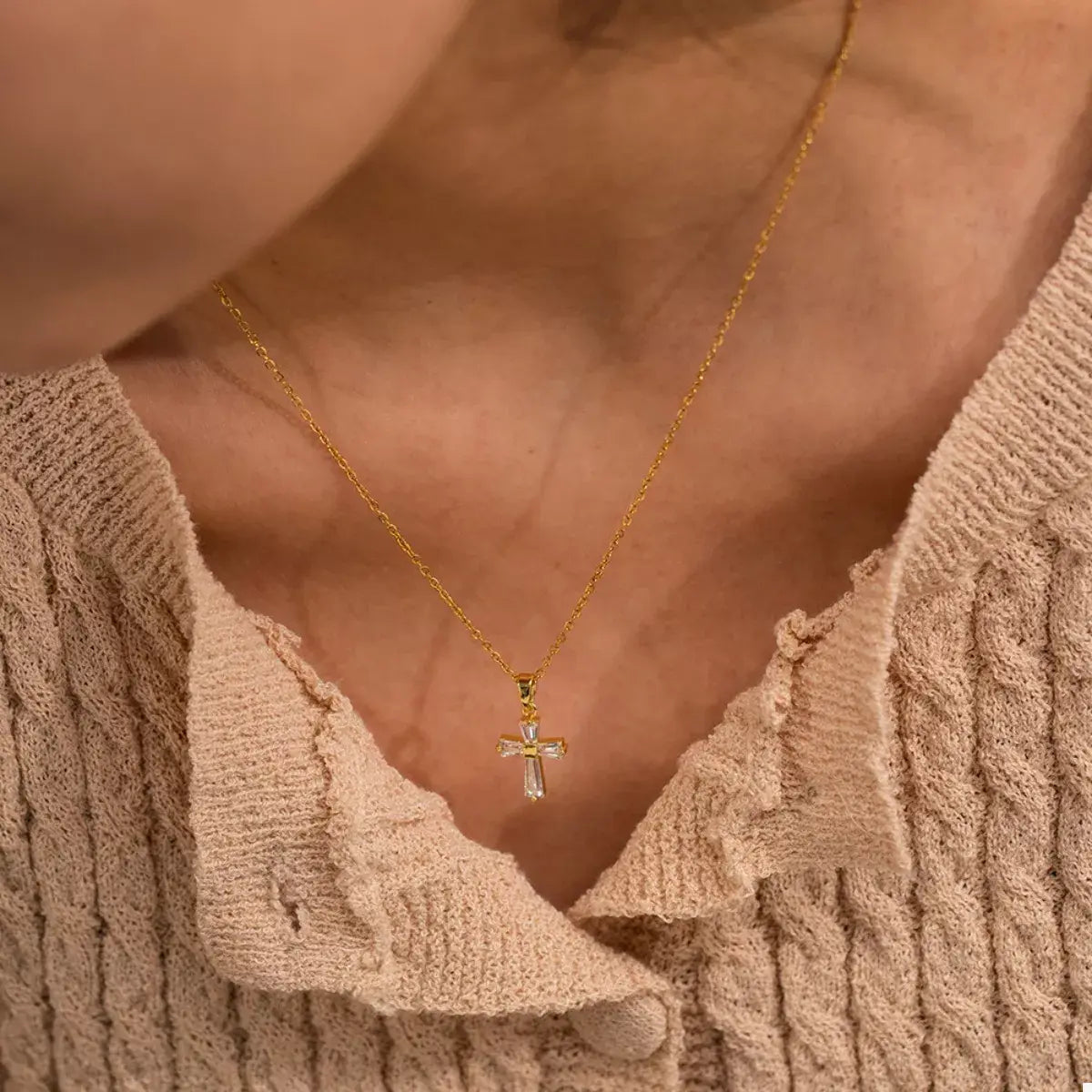 18K Gold-Plated Stainless Steel Zircon Cross Necklace - Trendsi - Flyclothing LLC