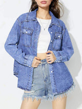 Curved Hem Collared Neck Denim Top - Trendsi - Flyclothing LLC