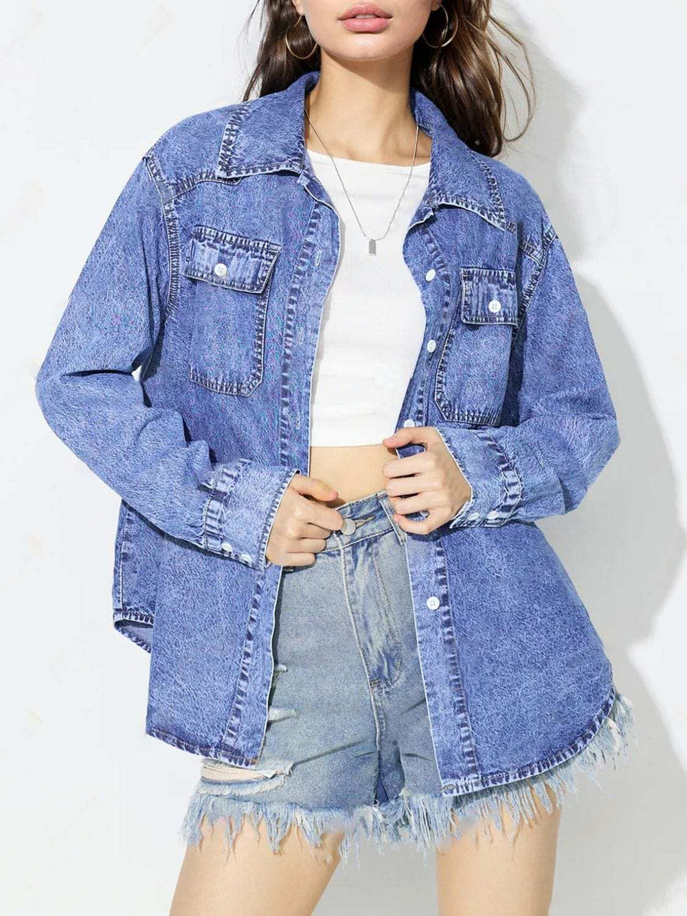 Curved Hem Collared Neck Denim Top - Trendsi - Flyclothing LLC