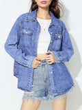 Curved Hem Collared Neck Denim Top - Trendsi - Flyclothing LLC