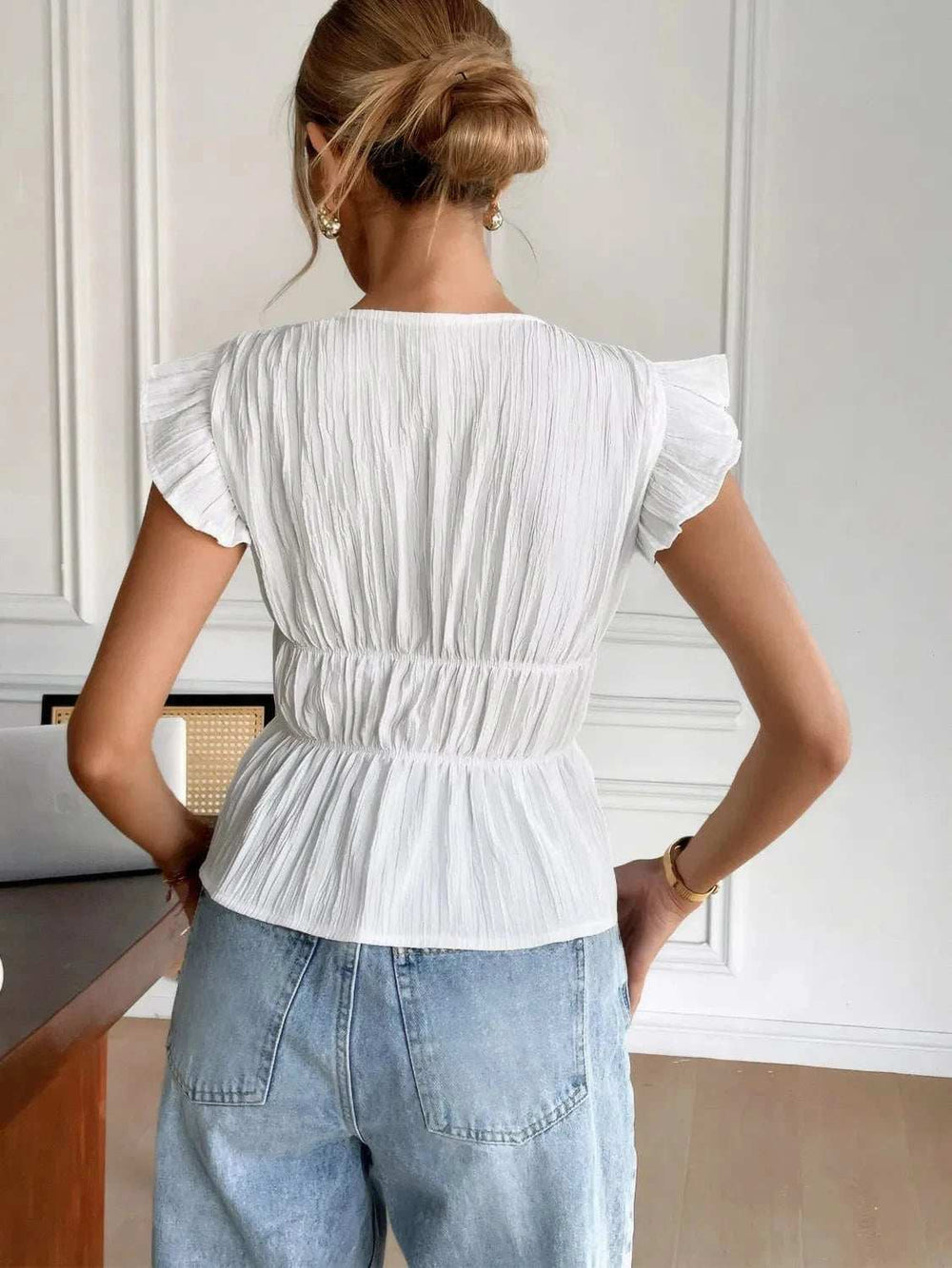 Bow V-Neck Cap Sleeve Blouse - Trendsi - Flyclothing LLC