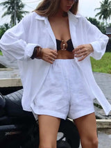 Button Up Long Sleeve Shirt and Shorts Set - Trendsi - Flyclothing LLC