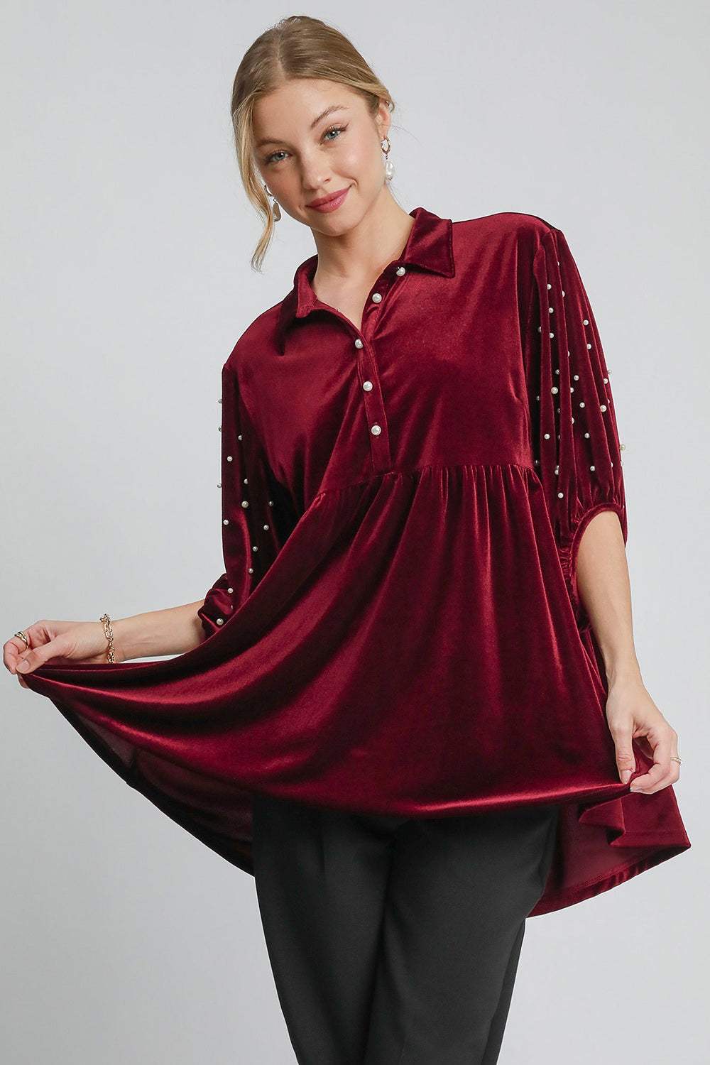 Umgee Pearl Detail Collared Neck Velvet Babydoll Blouse - Trendsi - Flyclothing LLC