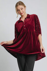 Umgee Pearl Detail Collared Neck Velvet Babydoll Blouse - Trendsi - Flyclothing LLC