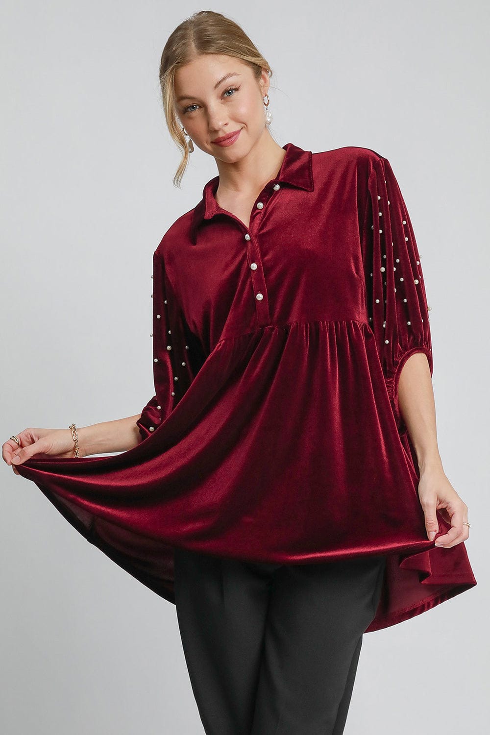 Umgee Pearl Detail Collared Neck Velvet Babydoll Blouse - Trendsi