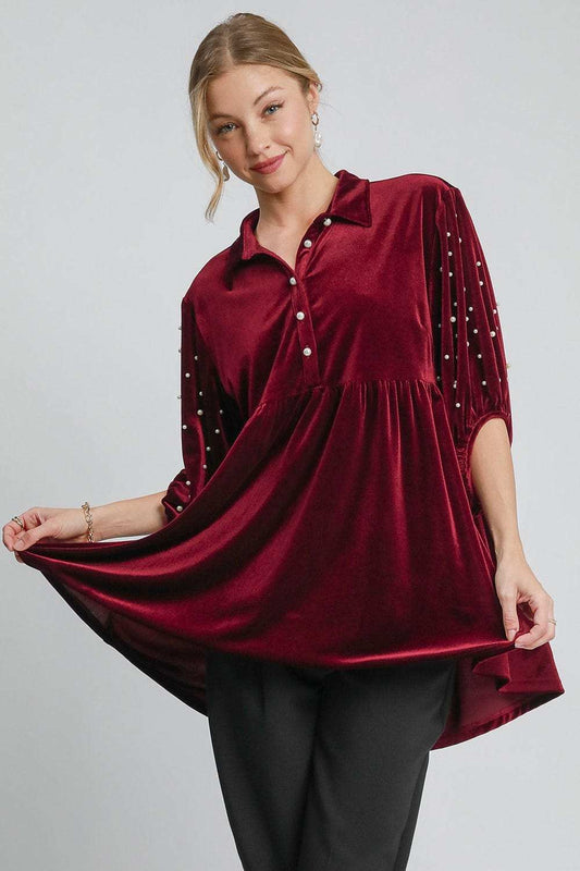 Umgee Pearl Detail Collared Neck Velvet Babydoll Blouse - Trendsi - Flyclothing LLC