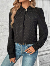 Swiss Dot Mock Neck Long Sleeve Blouse - Trendsi - Flyclothing LLC